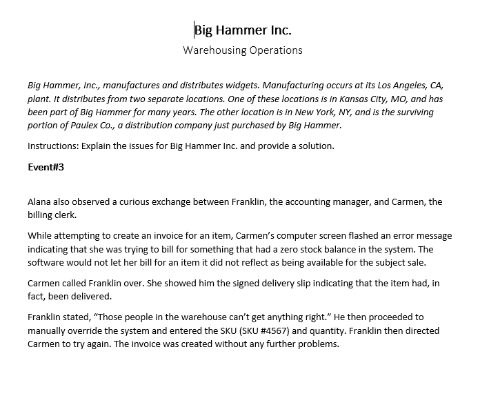 Solved Provide a solution for each issue.Big Hammer, Inc.,