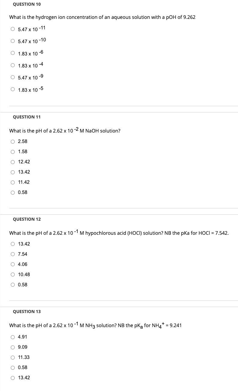 Solved QUESTION 10 What is the hydrogen ion concentration of | Chegg.com