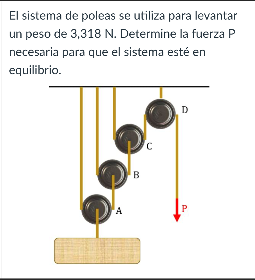 El sistema de poleas se utiliza para levantar un peso de 3,318 N. Determine la fuerza \( P \) necesaria para que el sistema e