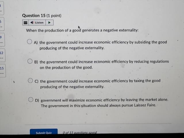 When the production of a good generates a negative externality:
A) the government could increase economic efficiency by subsi