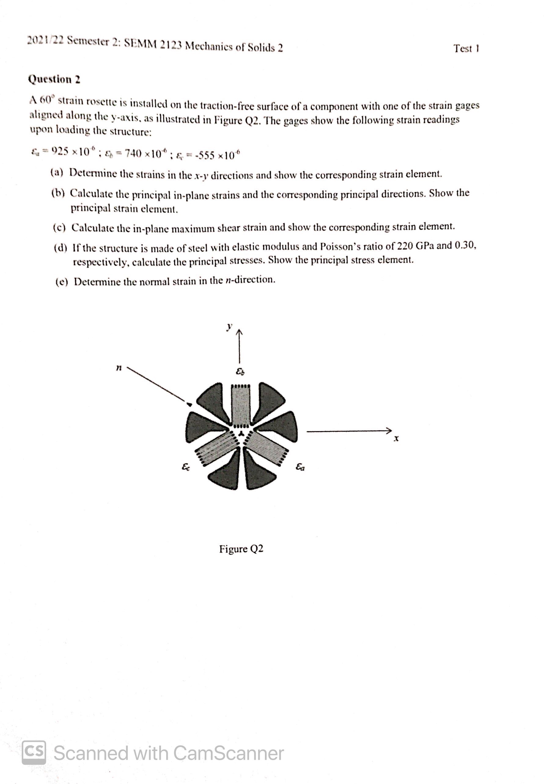 Solved Question 2 A 60∘ strain rosette is installed on the | Chegg.com
