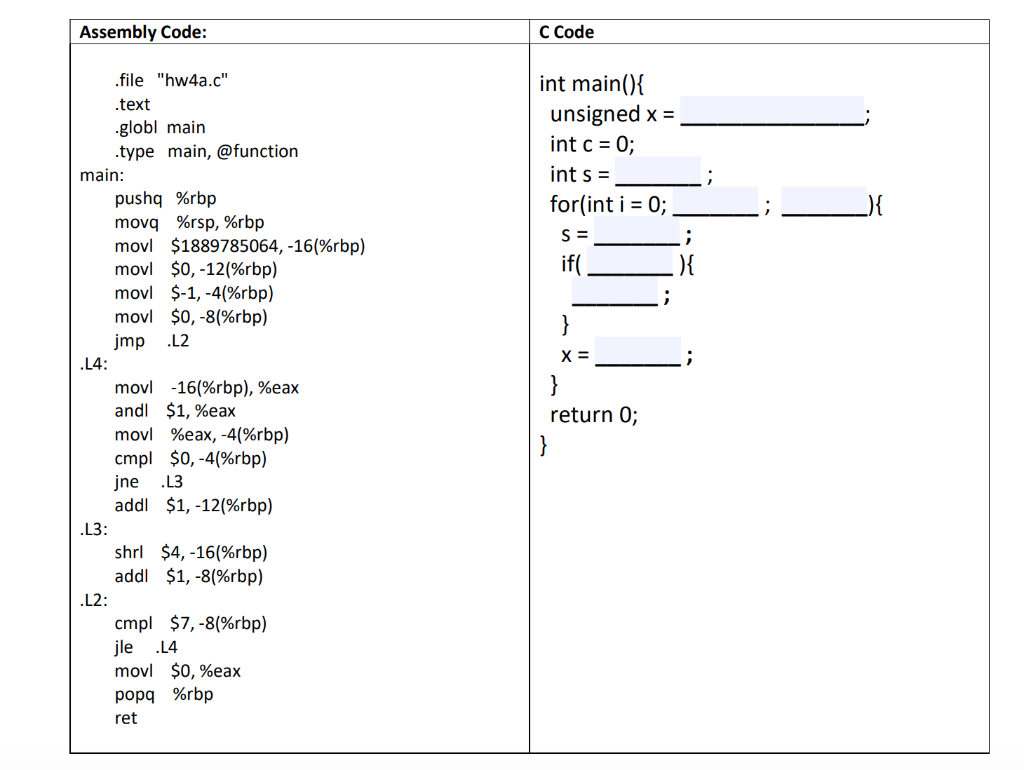 Solved Assembly Code C Code .file "hw4a.c" .text .globl