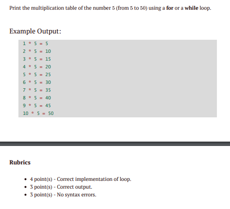 Solved Print the multiplication table of the number 5 (from | Chegg.com