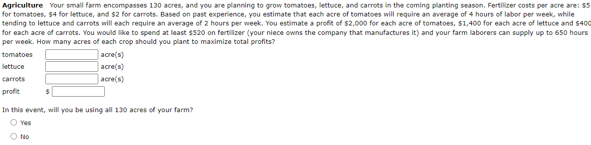 Solved per week. How many acres of each crop should you | Chegg.com