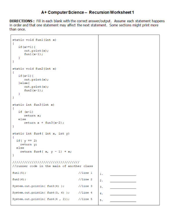 Solved A+ Computer Science - Recursion Worksheet 1 | Chegg.com