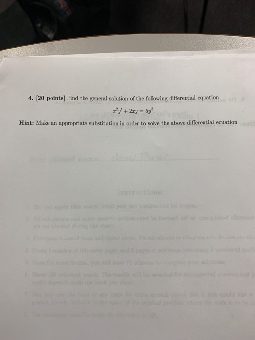 Solved 4. [20 points] Find the general solution of the | Chegg.com