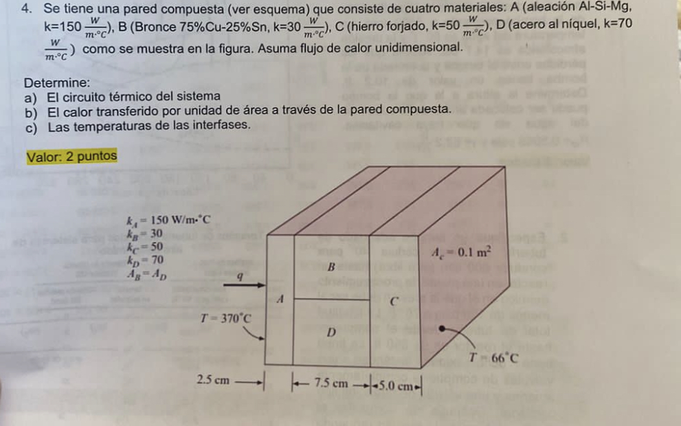 4. Se tiene una pared compuesta (ver esquema) que consiste de cuatro materiales: A (aleación Al-Si-Mg, \( \mathrm{k}=150 \fra