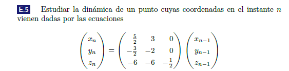 E.5 Estudiar la dinámica de un punto cuyas coordenadas en el instante \( n \) vienen dadas por las ecuaciones \[ \left(\begin