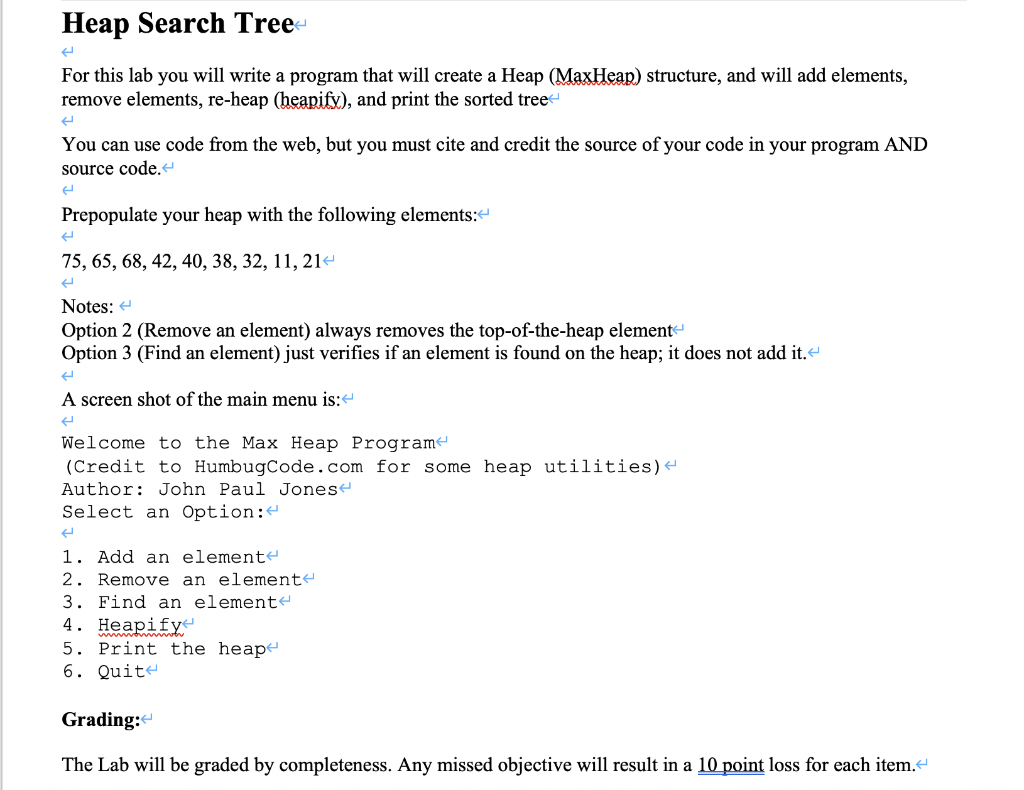 Solved Heap Search Tree لم For this lab you will write a | Chegg.com