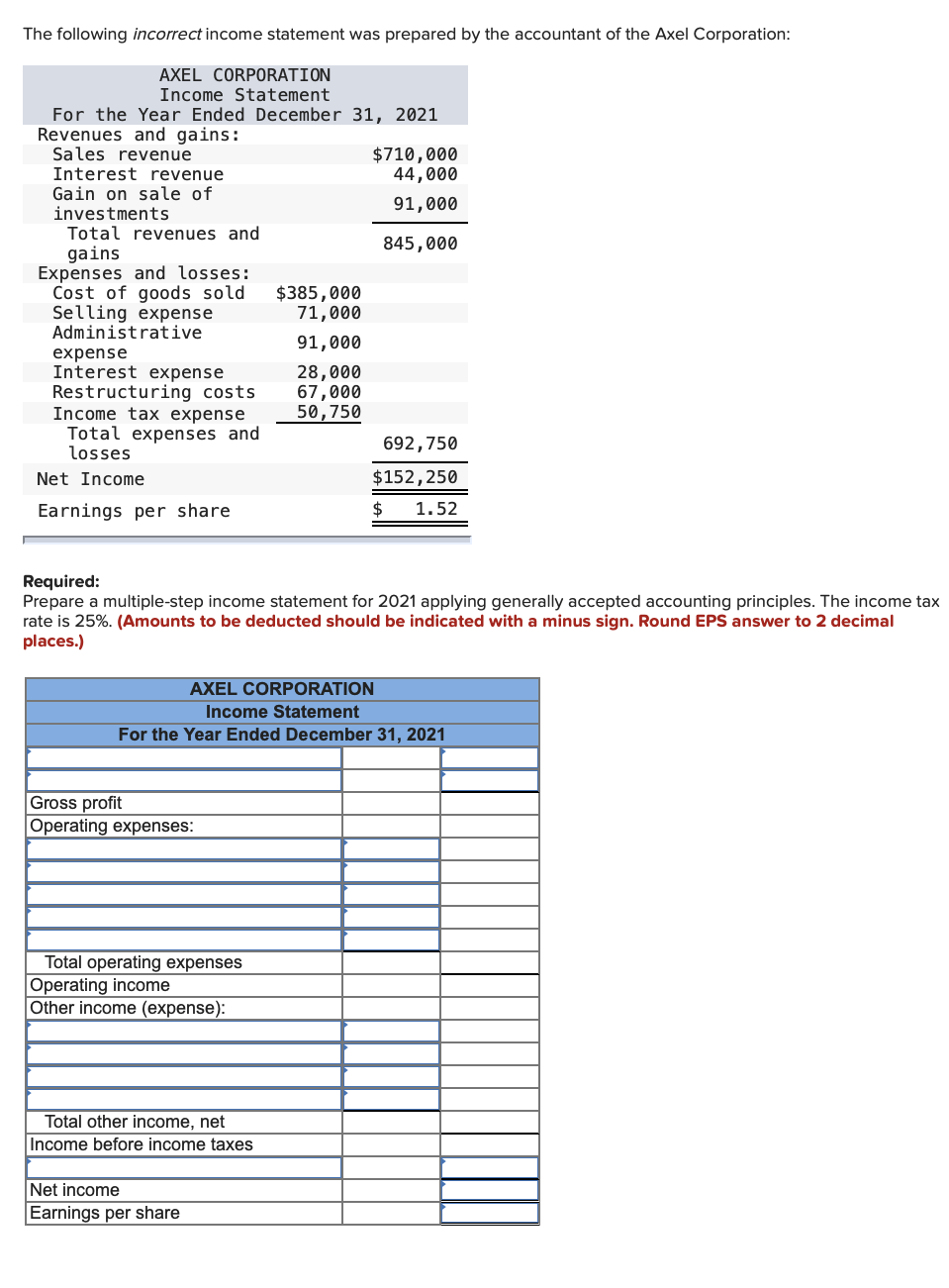 Solved The following incorrect income statement was prepared | Chegg.com