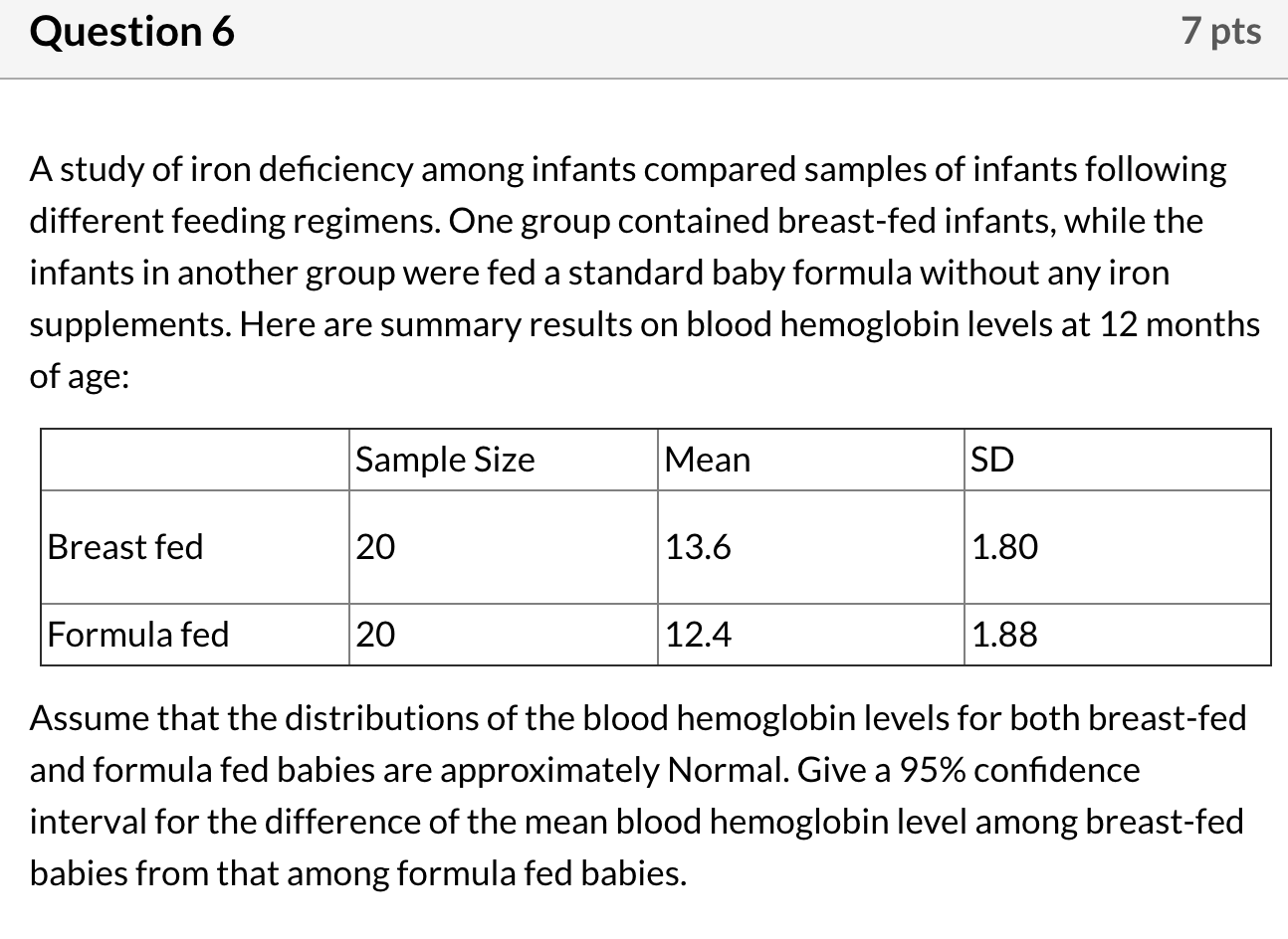 Solved Question 6 7 pts A study of iron deficiency among