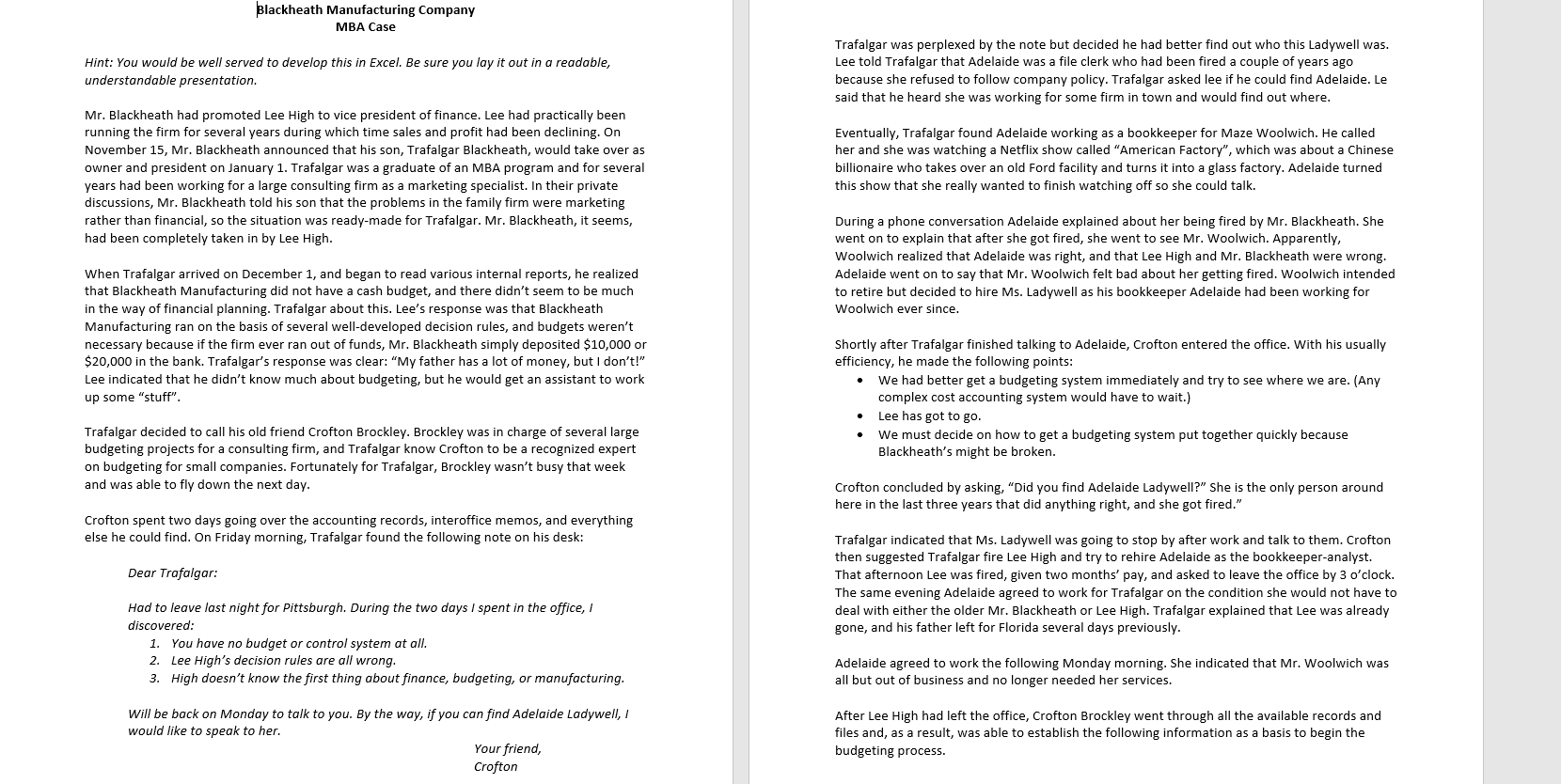 Blackheath Manufacturing Company MBA Case Hint You