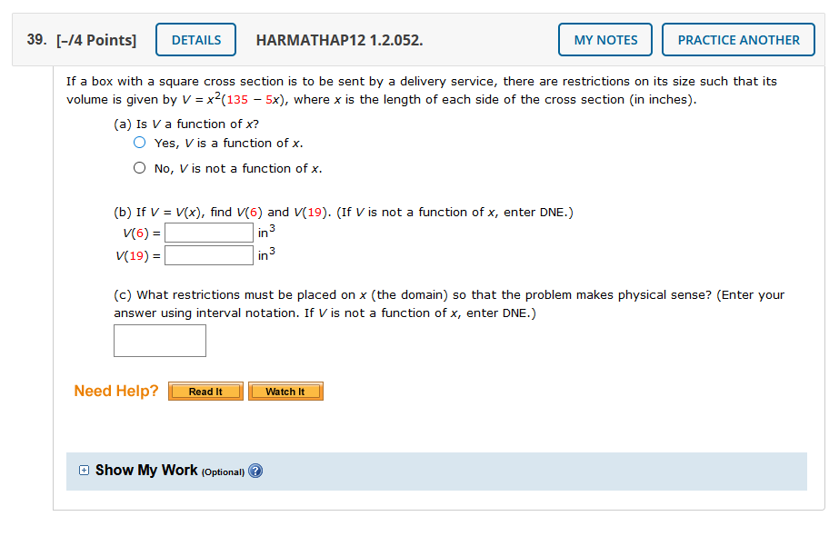 Solved 39. [-14 Points] DETAILS HARMATHAP12 1.2.052. MY | Chegg.com