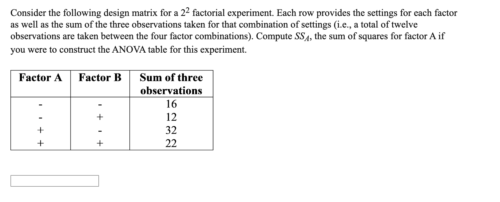 Solved Consider the following design matrix for a 22 Chegg