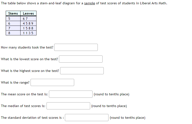 The table below shows a stem-and-leaf diagram for a sample of test scores of students in Liberal Arts Math.
How many students