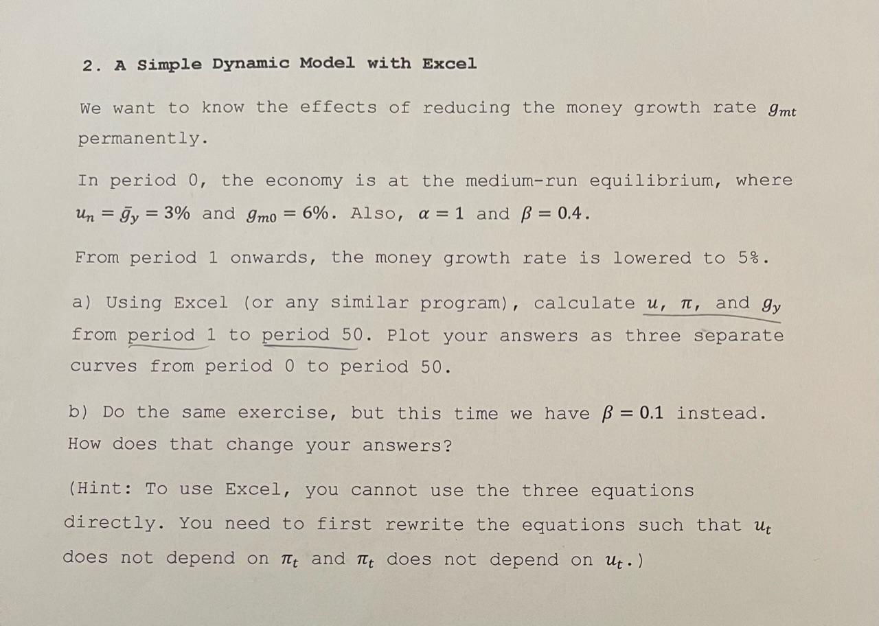 Solved 2. A Simple Dynamic Model with Excel We want to know | Chegg.com