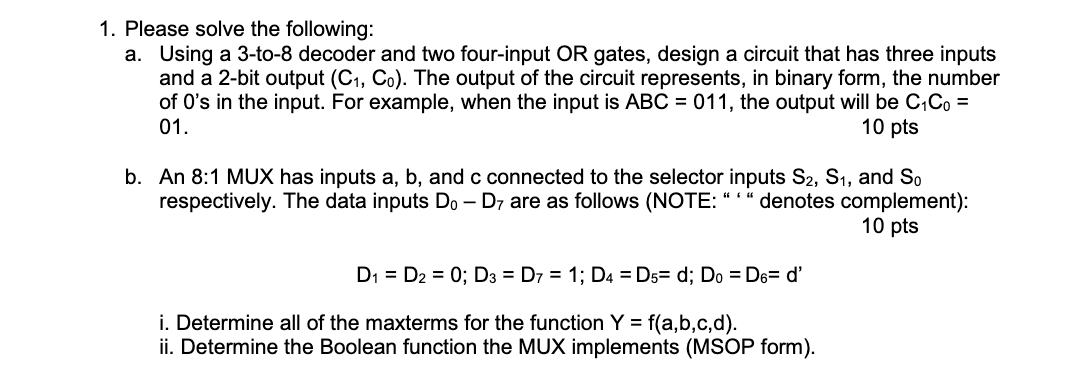 Solved 1. Please solve the following: a. Using a 3-to-8 | Chegg.com