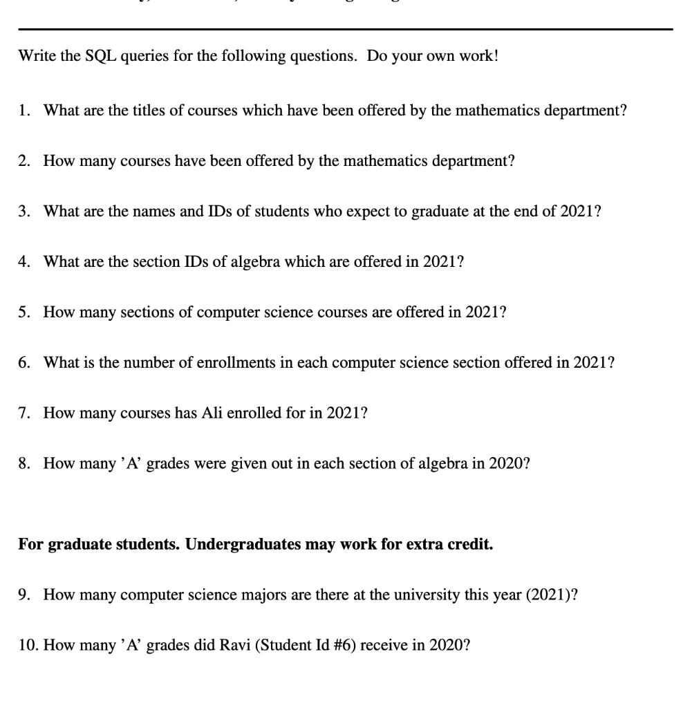 Solved Write the SQL queries for the following questions. Do | Chegg.com
