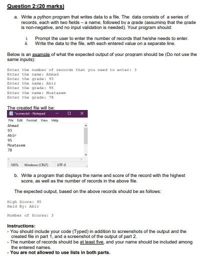 Solved Question 2:(20 marks) a. Write a python program that | Chegg.com