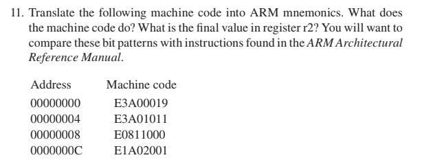 11. Translate the following machine code into ARM | Chegg.com