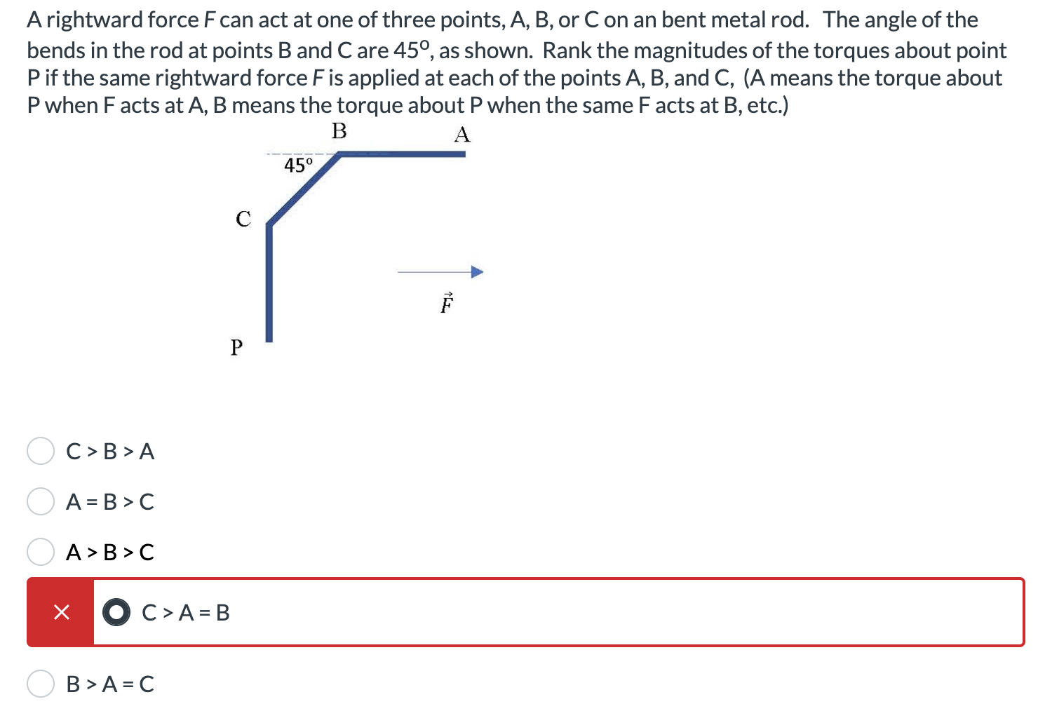 A rightward force \( F \) can act at one of three points, \( A, B \), or \( C \) on an bent metal rod. The angle of the bends