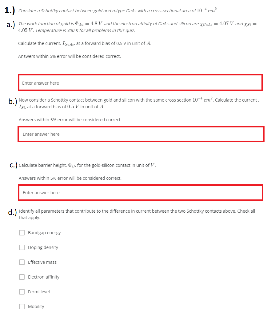 Solved 1.) Consider a Schottky contact between gold and | Chegg.com