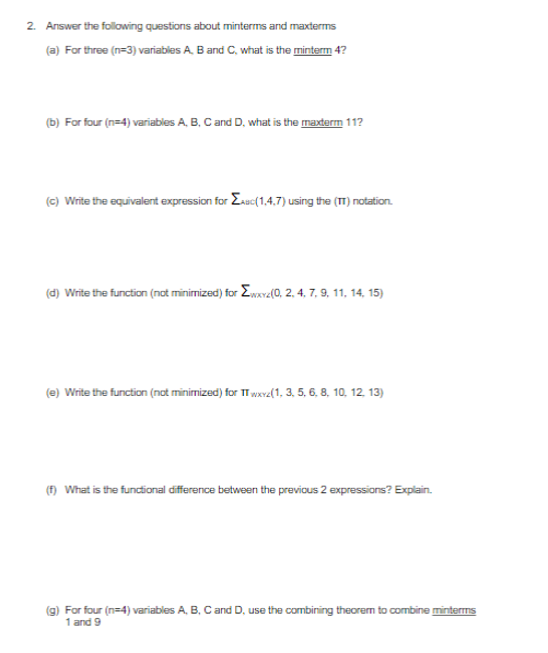 Solved 2. Answer the following questions about minterms and | Chegg.com