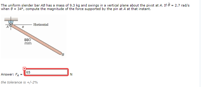 Solved The Uniform Slender Bar AB Has A Mass Of 9.3 Kg And | Chegg.com