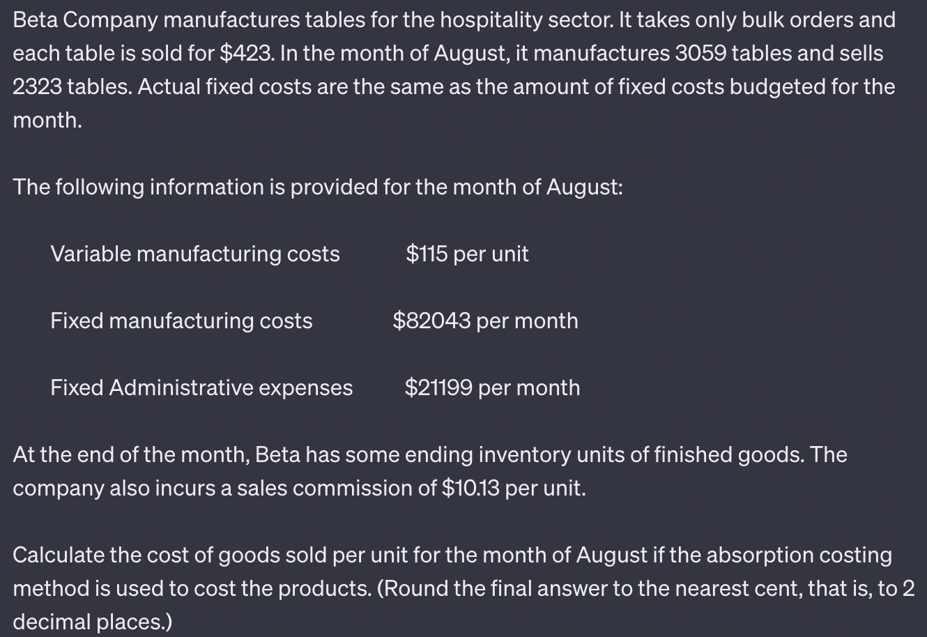 Solved Beta Company manufactures tables for the hospitality | Chegg.com