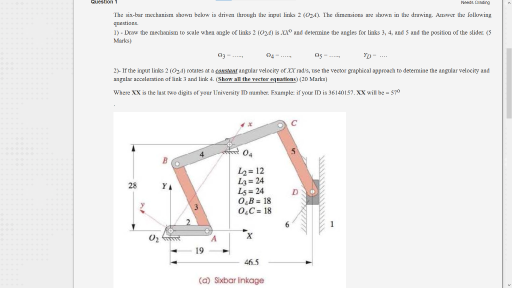 Solved Question 1 Needs Grading The six-bar mechanism shown | Chegg.com