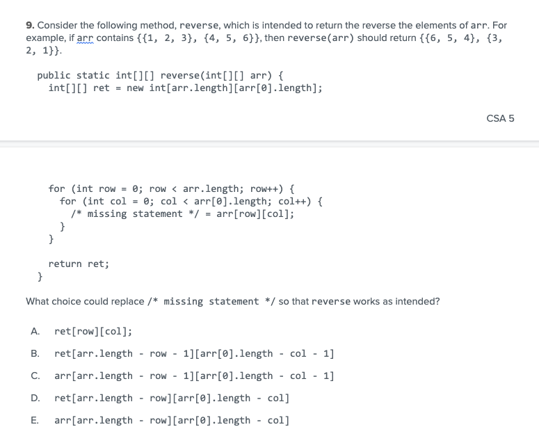 Solved 9. Consider the following method, reverse, which is | Chegg.com