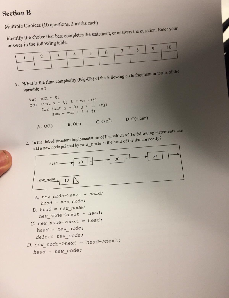 Solved Section B Multiple Choices (10 Questions, 2 Marks | Chegg.com