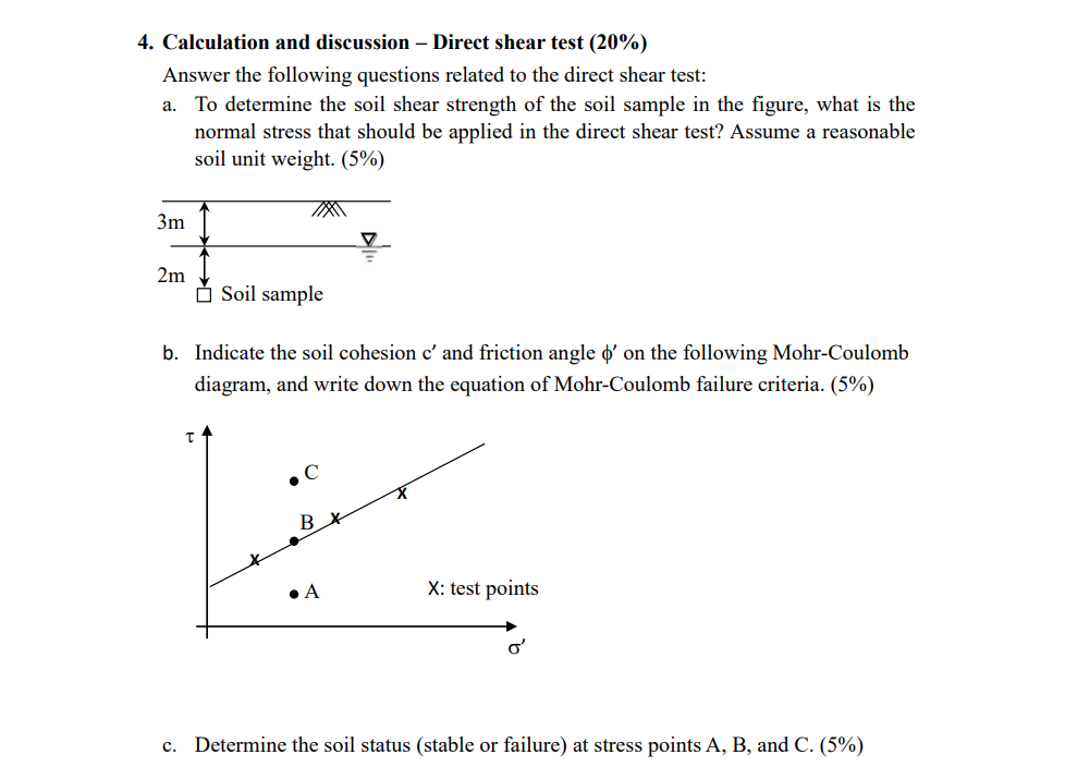 4. Calculation and discussion - Direct shear test (20%)
Answer the following questions related to the direct shear test:
a. T