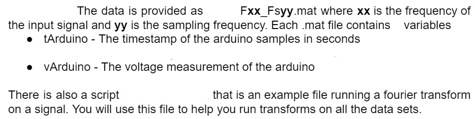 The data is provided as Fxx_Fsyy.mat where xx is the frequency of the input signal and yy is the sampling frequency. Each mat