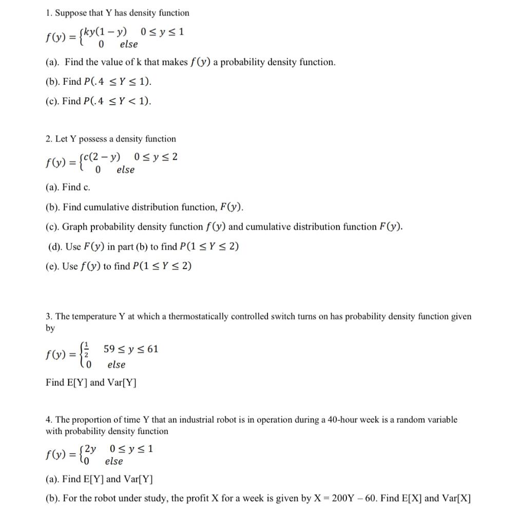 Solved 1. Suppose that Y has density function | Chegg.com