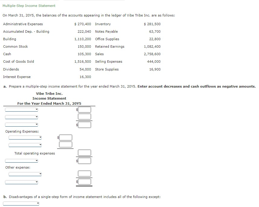 Solved Multiple Step Income Statement On March 31 20y5 The 0880