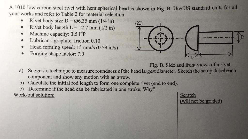 Solved . A 1010 low carbon steel rivet with hemispherical