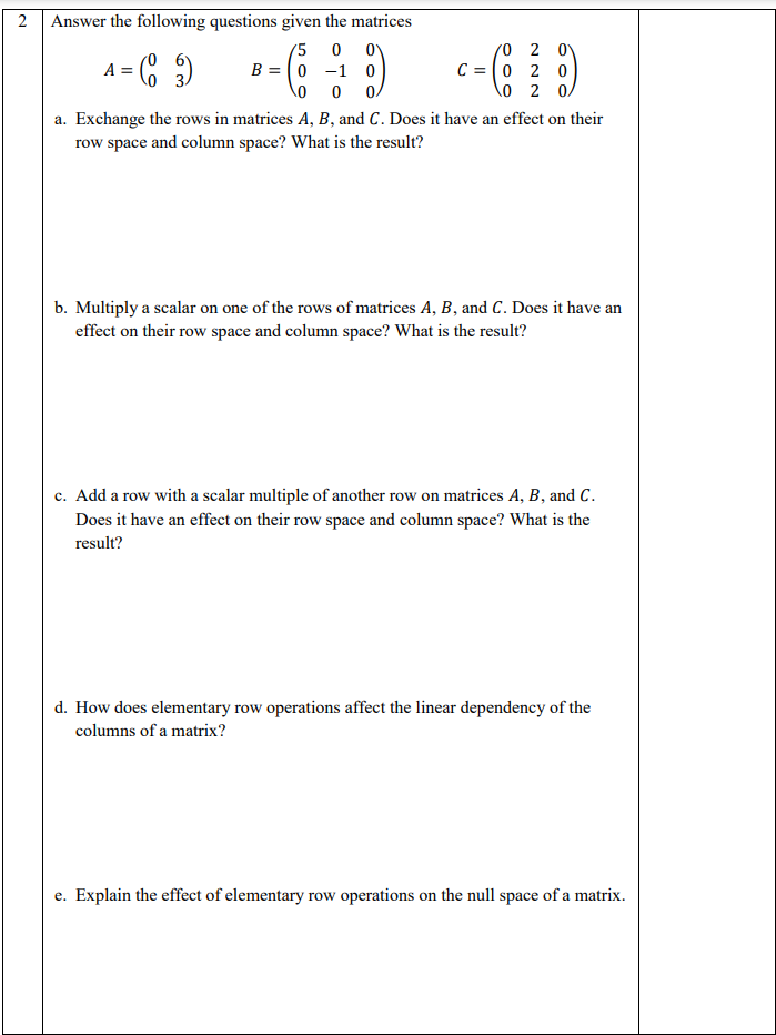 Solved 2 Answer the following questions given the matrices Chegg