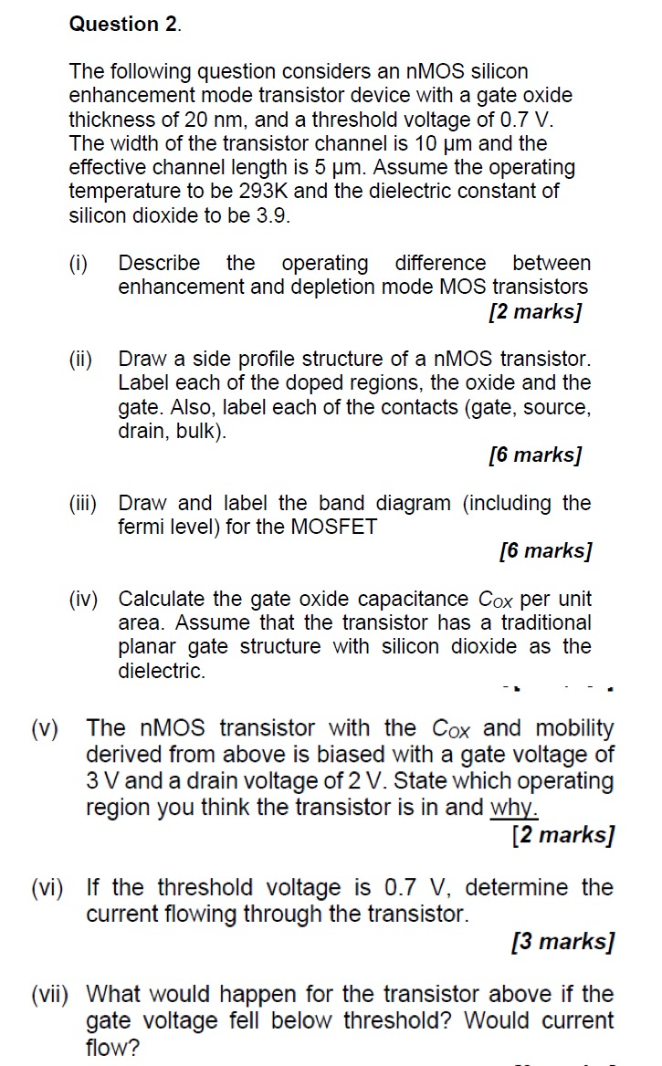 Solved Question 2. The following question considers an nMOS | Chegg.com
