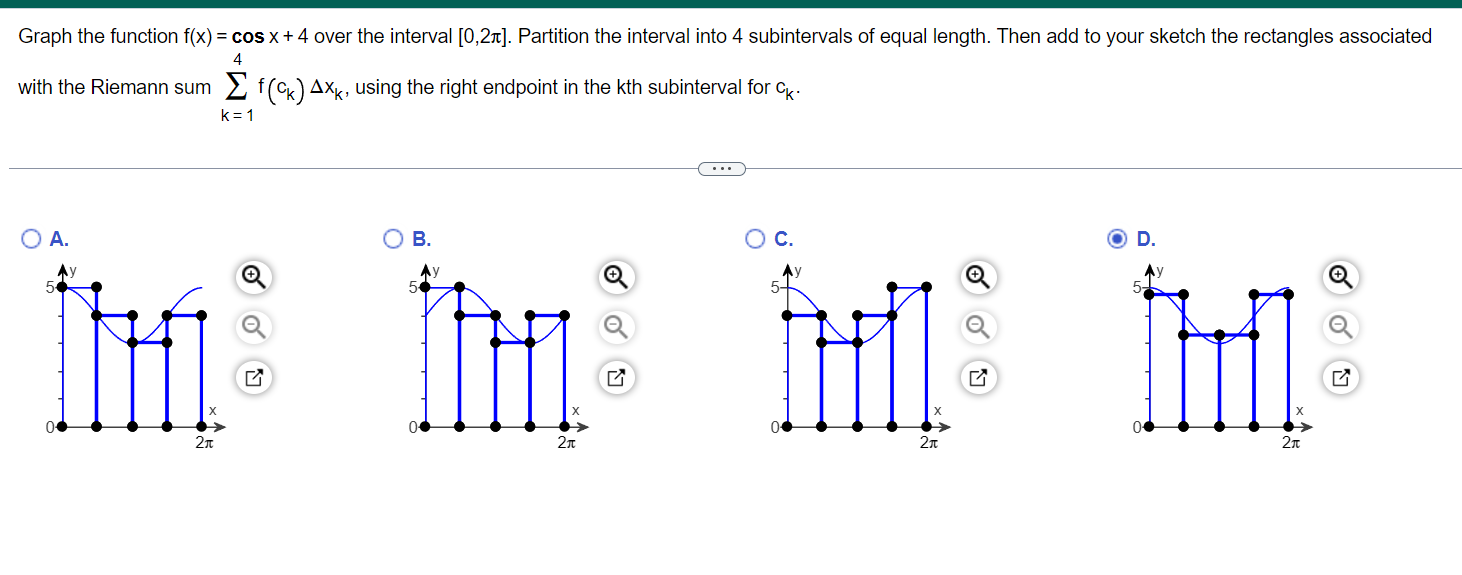 Graph the function \( f(x)=\cos x+4 \) over the interval \( [0,2 \pi] \). Partition the interval into 4 subintervals of equal