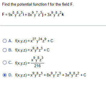 Solved Find the potential function f for the field F. F = | Chegg.com