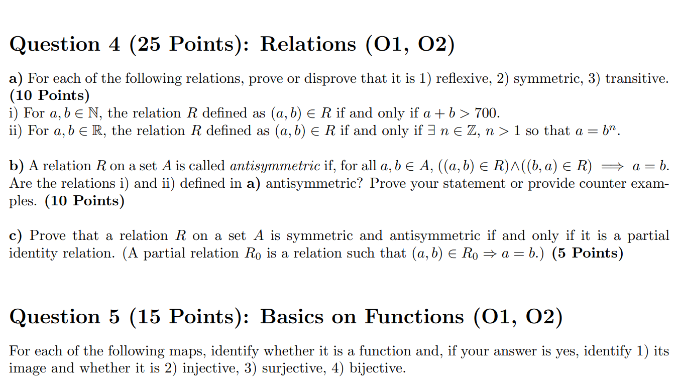 Solved Question 4 (25 Points): Relations (01, 02) a) For | Chegg.com