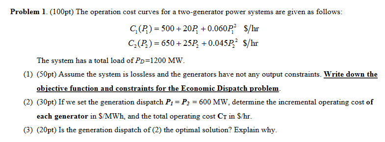 Solved Problem 1. (100pt) ﻿The operation cost curves for a | Chegg.com