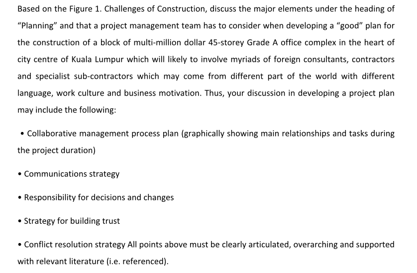 Based on the Figure 1 . Challenges of Construction, discuss the major elements under the heading of Planning and that a pro