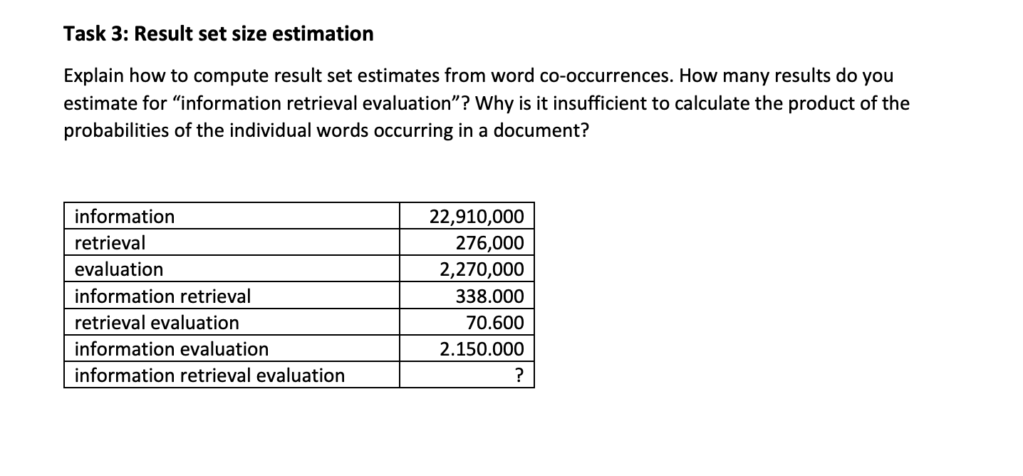 Solved Task 3: Result set size estimation Explain how to | Chegg.com