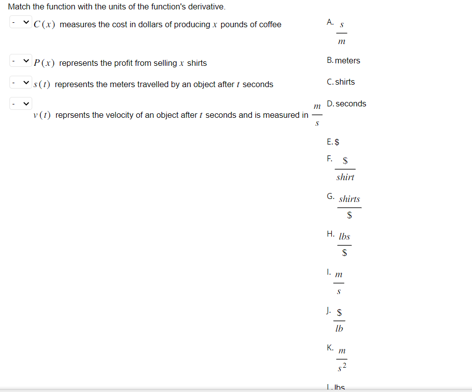 Solved Match the function with the units of the function's | Chegg.com