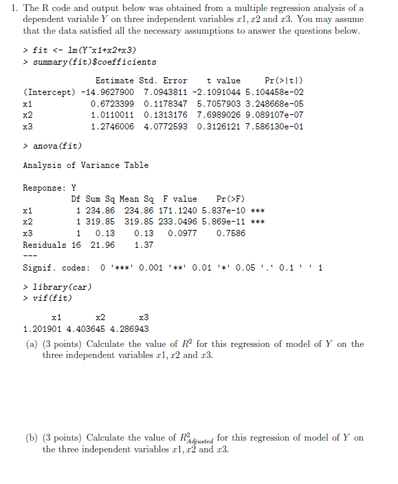 Solved 1. The R code and output below was obtained from a | Chegg.com