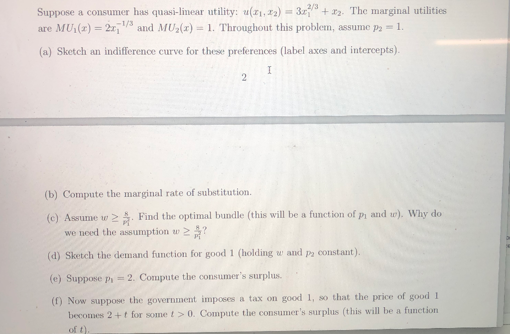 Suppose A Consumer Has Quasi Linear Utility U X1 Chegg Com