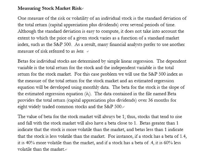 Solved Measuring Stock Market Risk- One measure of the risk | Chegg.com