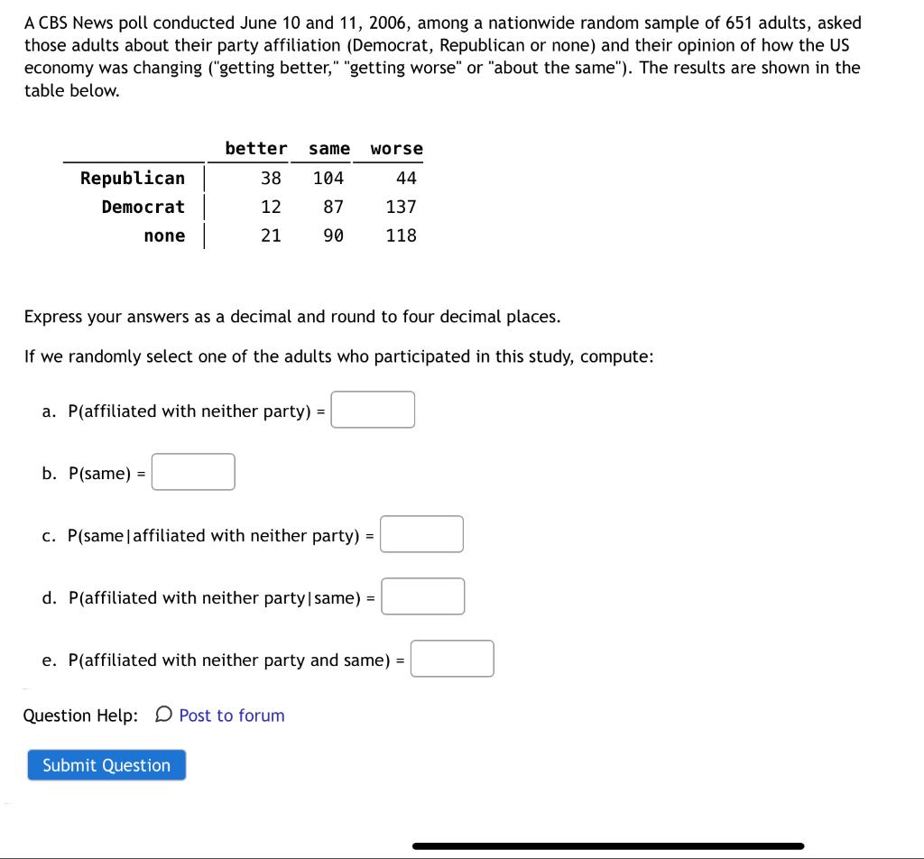 Solved A Cbs News Poll Conducted June 10 And 11 2006 Among